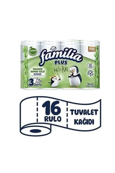 Familia Plus Natural Organik Bambu Özlü 3 Katlı Tuvalet Kağıdı 16 Lı Paket ürün görseli 1