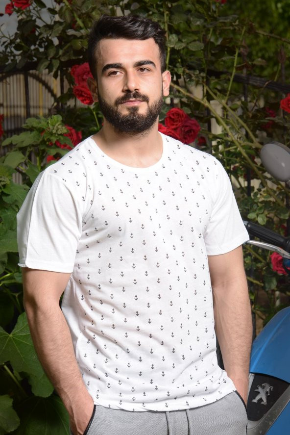 Erkek Beyaz Çapa Baskılı Kısa Kollu Bisiklet Yaka Tişört 20ETSHCAPA ürün görseli 1