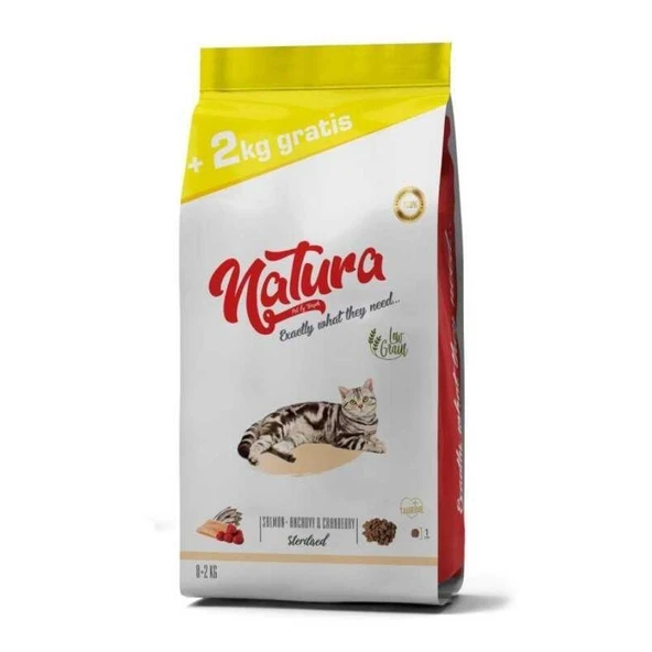 Natura Premium Somonlu Hamsili Yaban Mersinli Düşük Tahıllı Kısırlaştırılmış Yetişkin Kedi Maması 8 kg + 2 kg ürün görseli 1