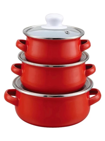 Ebru Metal Emaye Mini 3'lü Tencere Seti 12/14/16 Cm Kırmızı ürün görseli 1