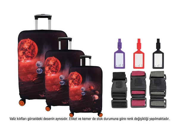 Bagacar Gezegen 3lü Set Valiz Kılıfı, 3 lü Valiz Kemeri, 3lü Valiz Etiketi ürün görseli 1