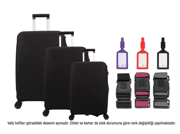 Bagacar Siyah 3lü Set Valiz Kılıfı, 3 lü Valiz Kemeri, 3lü Valiz Etiketi ürün görseli 1