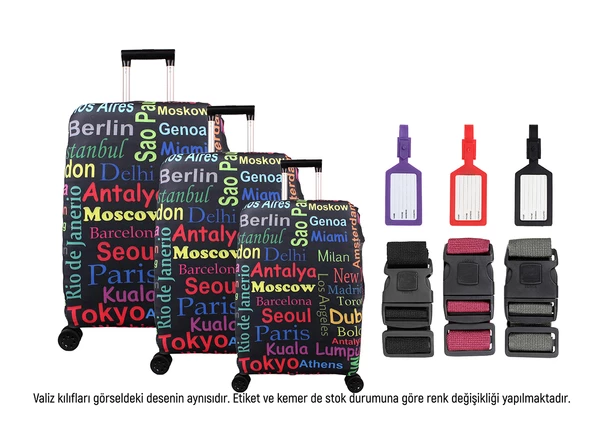 Bagacar Şehirler 3lü Set Valiz Kılıfı, 3 lü Valiz Kemeri, 3lü Valiz Etiketi ürün görseli 1