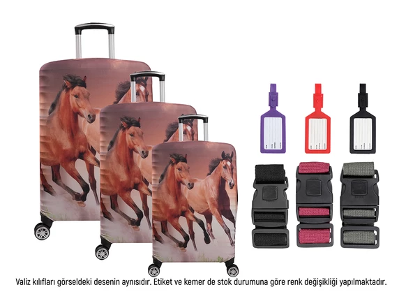 Bagacar Atlar 3lü Set Valiz Kılıfı, 3 lü Valiz Kemeri, 3lü Valiz Etiketi ürün görseli 1