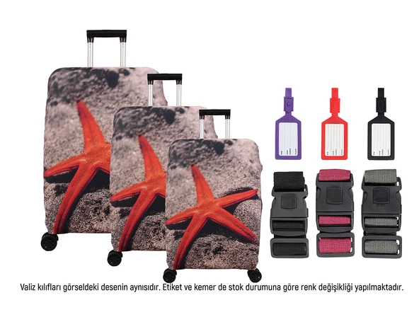 Bagacar Deniz Yıldızı 3lü Set Valiz Kılıfı, 3 lü Valiz Kemeri, 3lü Valiz Etiketi ürün görseli 1
