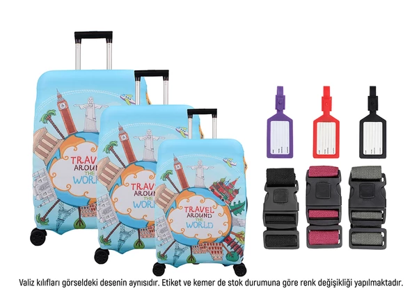 Bagacar Travel 3lü Set Valiz Kılıfı, 3lü Valiz Kemeri, 3lü Valiz Etiketi ürün görseli 1