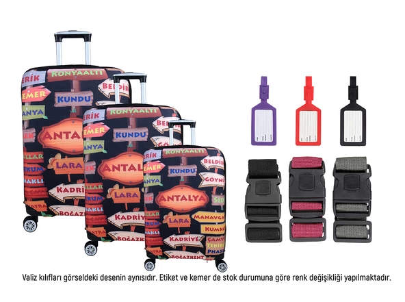 Bagacar Şehirler2 3lü Set Valiz Kılıfı, 3 lü Valiz Kemeri, 3lü Valiz Etiketi ürün görseli 1