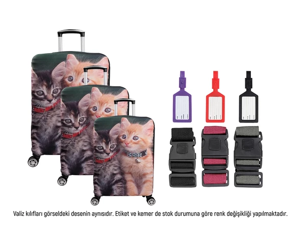 Bagacar Kediler 3lü Set Valiz Kılıfı, 3 lü Valiz Kemeri, 3lü Valiz Etiketi ürün görseli 1
