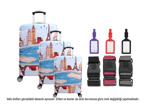 Bagacar Kule 3lü Set Valiz Kılıfı, 3 lü Valiz Kemeri, 3lü Valiz Etiketi ürün görseli 1