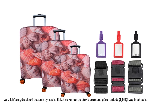 Bagacar Deniz Kabuğu 3lü Set Valiz Kılıfı, 3 lü Valiz Kemeri, 3lü Valiz Etiketi ürün görseli 1