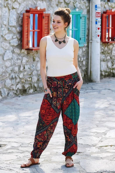 Bohem Stil Dökümlü Paça Lastikli Pantolon - Resim 2
