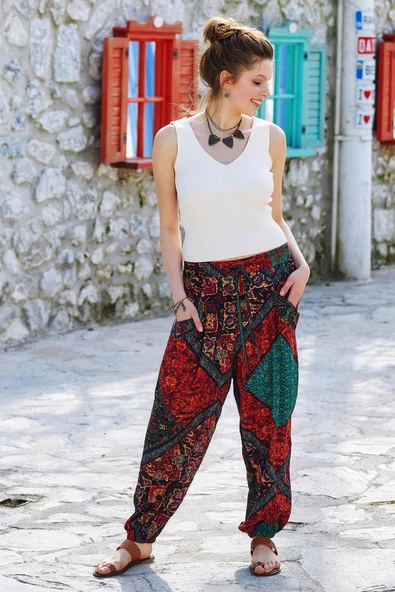 Bohem Stil Dökümlü Paça Lastikli Pantolon ürün görseli 1