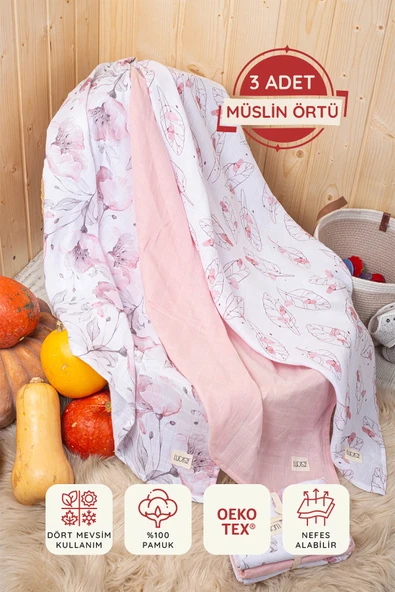 Luckka Dijital Baskılı 3'lü Müslin Örtü Seti - 75x75 cm - ZT5000  Pembe ürün görseli 1