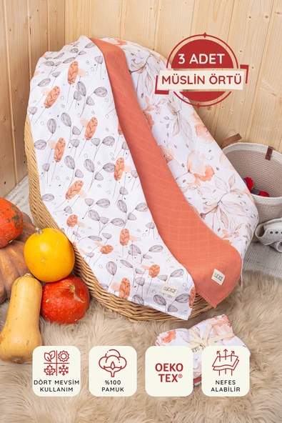 Luckka Dijital Baskılı 3'lü Müslin Örtü Seti - 75x75 cm - ZT5000  Turuncu ürün görseli 1