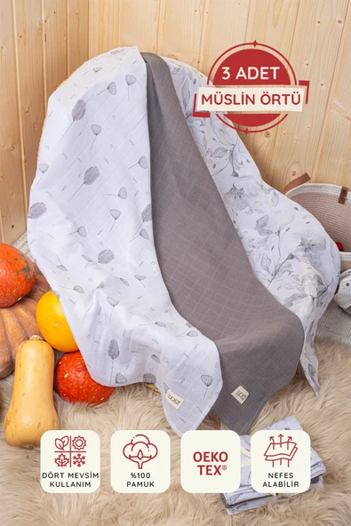 Luckka Dijital Baskılı 3'lü Müslin Örtü Seti - 75x75 cm - ZT5000  Gri ürün görseli 1