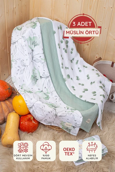Luckka Dijital Baskılı 3'lü Müslin Örtü Seti - 75x75 cm - ZT5000  Yeşil ürün görseli 1