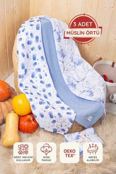 Luckka Dijital Baskılı 3'lü Müslin Örtü Seti - 75x75 cm - ZT5000  Mavi ürün görseli 1