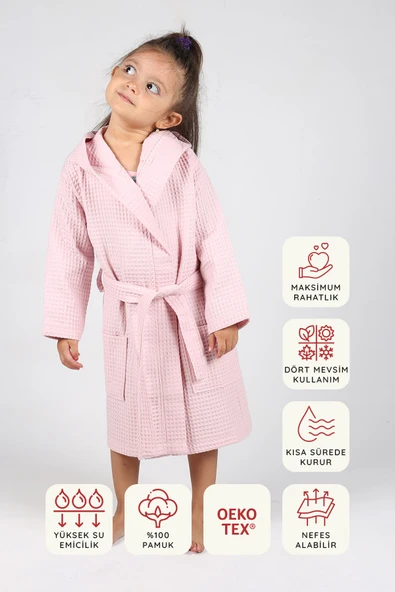 Luckka Pike Çocuk Bornoz Waffle Kumaş - ZTWAF00  2-4 Yaş Pembe ürün görseli 1