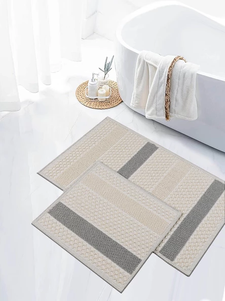 Naturel Pamuklu Kilim Yıkanabilir Banyo Paspası Seti 2'li Klozet Takımı 60x100-50x60cm 7021 Bej ürün görseli 1