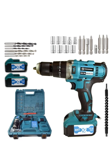 prohummer PH-SM022 88vf Darbeli Çift Akülü Vidalama Matkap Seti (Mavi) ürün görseli 1