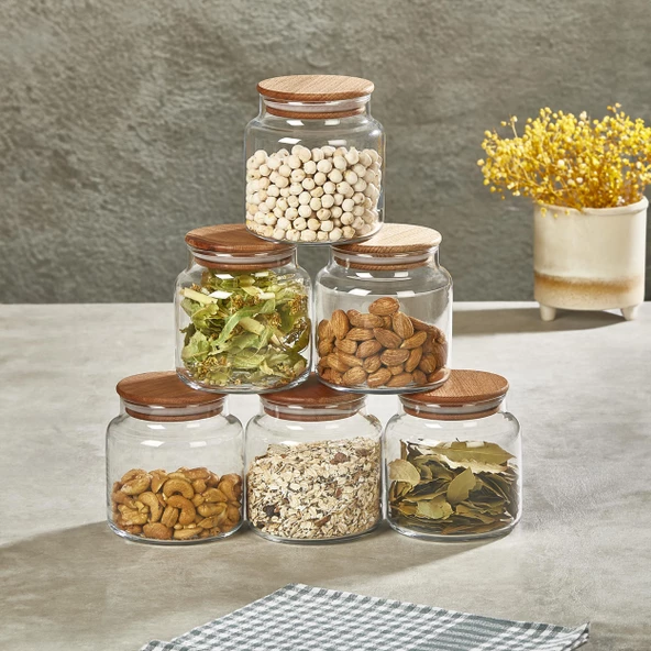 Selka Home 6'lı 635 ML Sade Ahşap Kapaklı Cam Kavanoz ürün görseli 1
