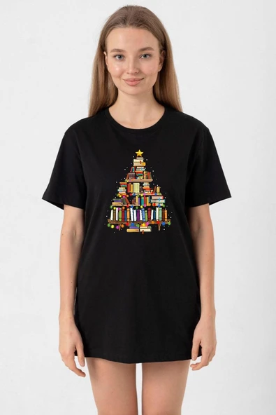Book Lovers Christmas Siyah Kadın Oversize Tshirt ürün görseli 1