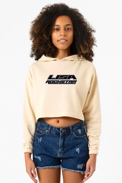 Lisa Rockstar Bej Kadın Crop Kapşonlu ürün görseli 1