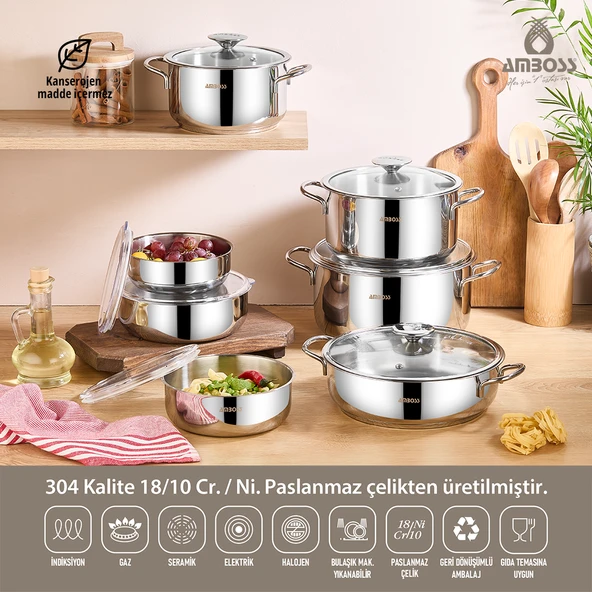 14 Parça Medium Prime İndüksiyon Uyumlu Paslanmaz Çelik Tencere Seti & Çelik Saklama Kabı ürün görseli 1