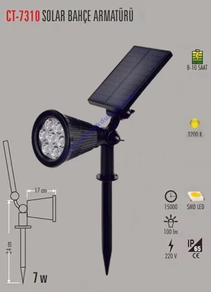 CATA 7W GÜNIŞIĞI Solar Bahçe Armatürü Çim Kazıklı (Güneş Enerji Şarjlı) ürün görseli 1