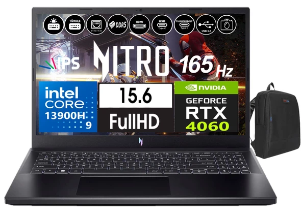 Acer Nitro 5 ANV15-51 V15 Ntel Core I9-13900H 32GB Ddr5 512GB SSD 8GB/RTX4060 WINDOWS11HOME 15.6" 165Hz Fhd Taşınabilir Bilgisayar NHQQEEY00525+WEBLEGELSINÇANTA ürün görseli 1