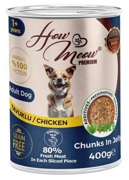 HOW MEOW 12 ADET JÖLELİ PARÇA ETLİ YETİŞKİN KÖPEK YAŞ MAMASI TAVUKLU 400 GRAM ürün görseli 1