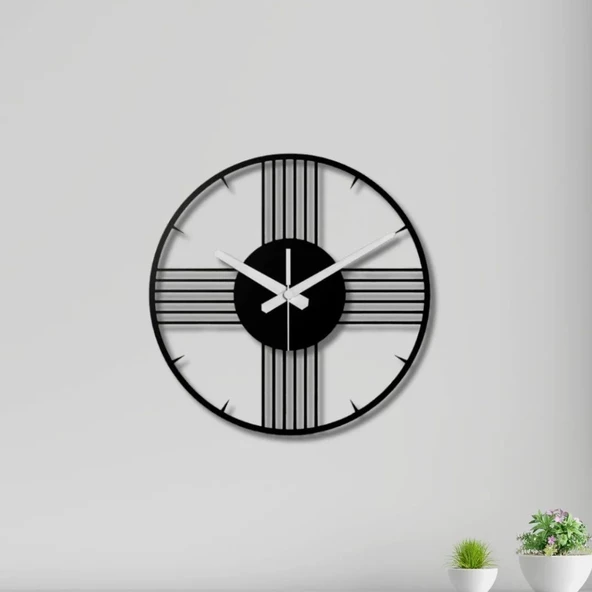 Metal Duvar Saati Minimal Çizgiler Siyah Metal Duvar Saati Dekoratif Saat ürün görseli 1