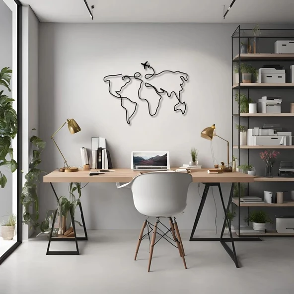 Metal Duvar Dekorasyonu Dünya Haritası Uçaklı (World Map with Plane) Metal Duvar Tablosu Harita ürün görseli 1