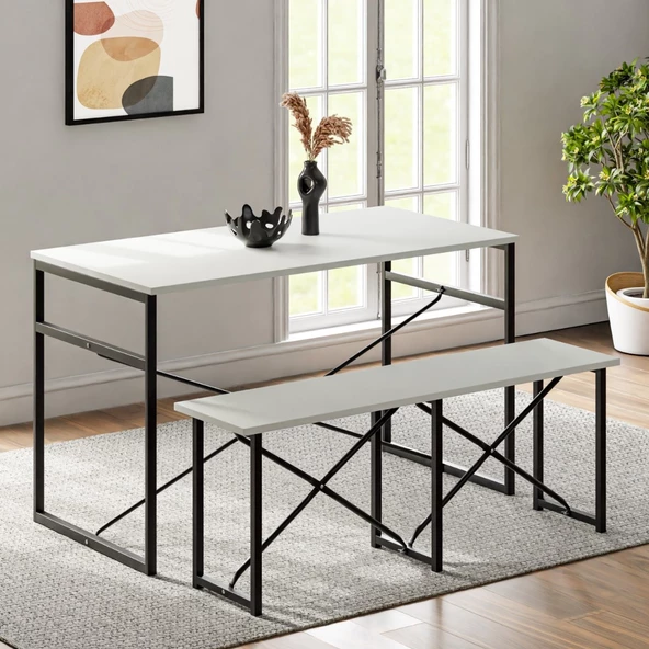 Eportatif Masa Takımı Bench Bank Masa Seti 120x60 Mutfak ve Yemek Masası Beyaz 1560 ürün görseli 1