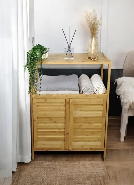Bambu Çift Kapaklı 2 Raflı Çok Amaçlı Düzenleyici Organizer Banyo Dolabı ürün görseli 1