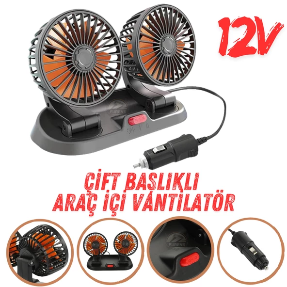 Araç İçi Vantilatör 360° Dönebilen Torpido Üstü Çift Başlıklı Vantilatör 12v Uyumlu Çakmaklık Girişli Soğutucu Fan ürün görseli 1