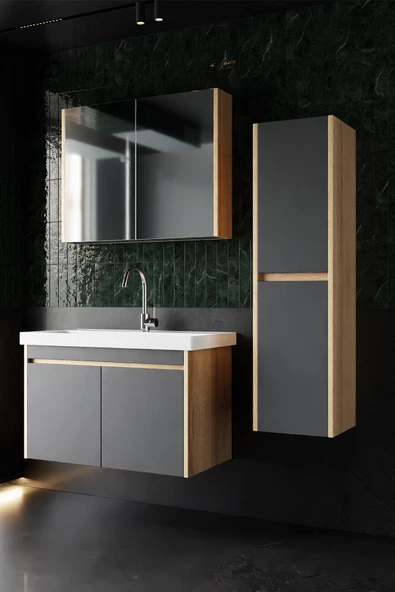 Karen Banyo Dallas 80 Cm Lavabolu,Aynalı Banyo Dolabı,Lavabo Dahil,Boy Dolabı Dahil,S.meşe-Antrasit ürün görseli 1