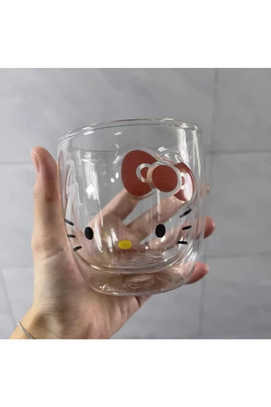 NETAVANTAJ Hello Kitty Çift Cidarlı Cam Kupa Bardak - Resim 3