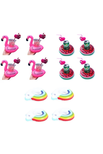 NETAVANTAJ Flamingo Gökkuşağı Karpuz Havuz Deniz Şişme Bardak Tutucu 12li ürün görseli 1