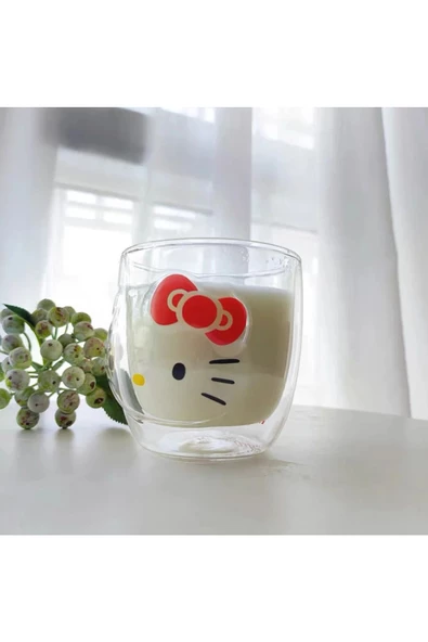 NETAVANTAJ Hello Kitty Çift Cidarlı Cam Kupa Bardak - Resim 5
