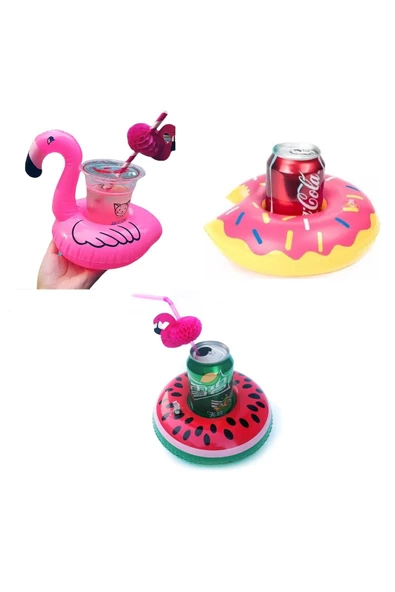 NETAVANTAJ Donut Karpuz Flamingo 3lü Şişme Havuz Deniz Bardak Tutucu Float Bar Set ürün görseli 1