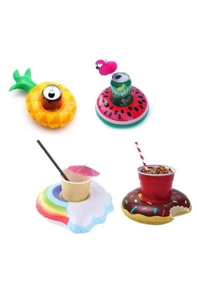 NETAVANTAJ Karpuz Ananas Donut Gökkuşağı Şişme Havuz Deniz Bardak Tutucu 4lü Float Bar Seti ürün görseli 1