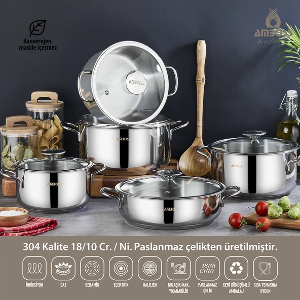 10 Parça Cool İndüksiyon Uyumlu Paslanmaz Çelik Tencere Seti ürün görseli 1