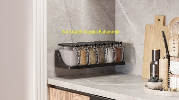 6 Lı Standlı Kendinden Yapışkanlı Kapaklı Kaşıklı Baharatlık Takımı -etiketli Baharatlık ürün görseli 1