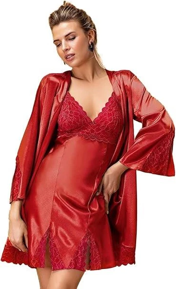 Nurteks Kadın Bordo Dantel Detaylı Saten Gecelik Sabahlık 2 Li Kimono Takım 5325 ürün görseli 1
