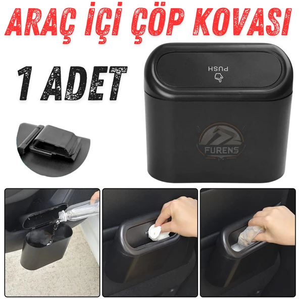 Araba Çöp Kutusu Portatif Araç İçi Taşınabilir Kapaklı Organizer Çöp Kovası İtme Kapaklı Kova(SİYAH) ürün görseli 1