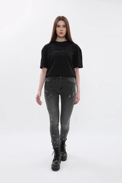 Kadın Yüksek Bel Skinny Fit Dar Paça Benekli Gri Jean Pantolon ürün görseli 1