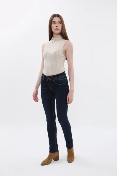 Kadın Çift Düğmeli Düz Jean Pantolon - Resim 5