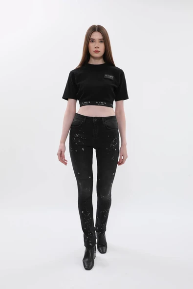 Kadın Yüksek Bel Skinny Fit Dar Paça Benekli Füme Jean Pantolon ürün görseli 1