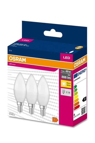 Osram Ledvalue 7,5W (60W) 3 lü Led Mum Ampul Sarı - 2700K E14 ürün görseli 1